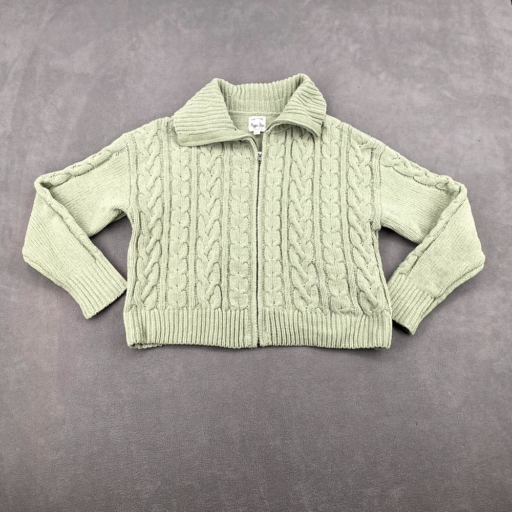 Hippie Rose Cropped Cardigan Sweater Womens Large Desert Sage Cable Knit Ribbed